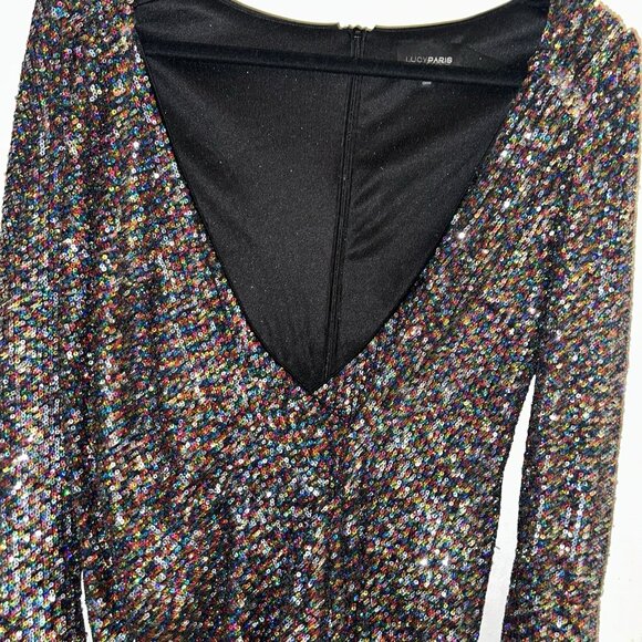 Lucy Paris Black Multicolor Sequenced Faux Wrap Holiday Mini Dress Size Large - Picture 3 of 11